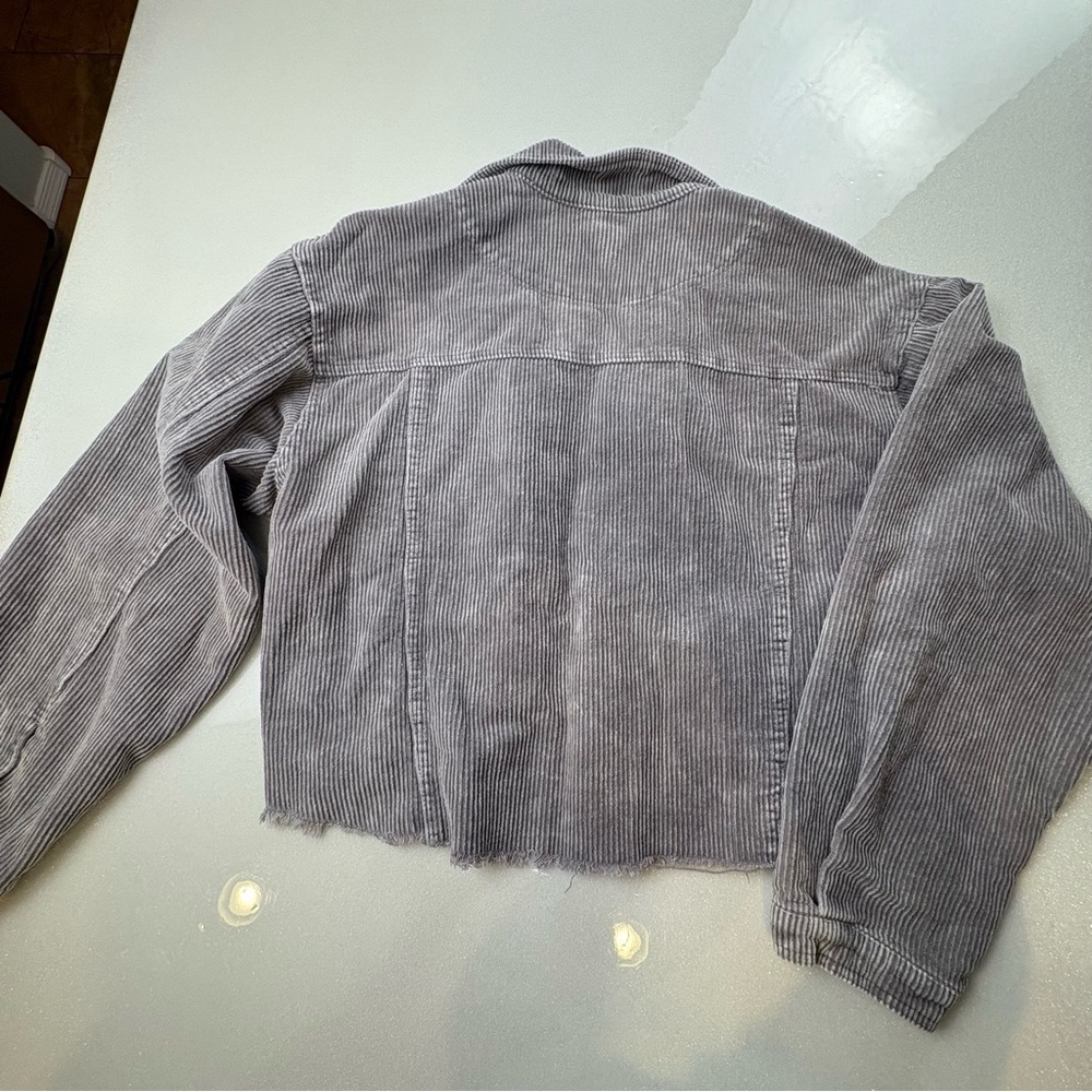 POL Heather Gray Corduroy Jacket Cropped Fringed Hem Oversized 100% Cotton - Picture 11 of 13